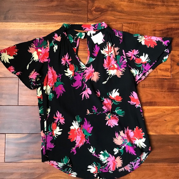 Maeve Short Flutter Sleeve V-Neck Choker Dark Floral Blouse/ Size S - Picture 2 of 7